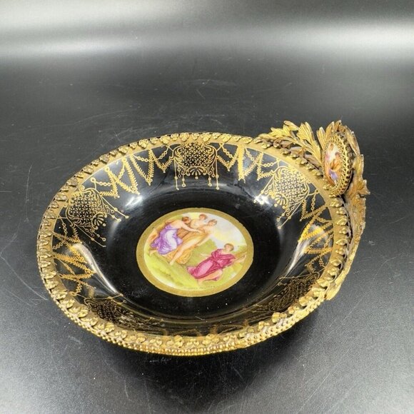 Antique La Chateau Porcelain Trinket Dish Metal Bronze Mount Victorian Scene VTG - Picture 14 of 16